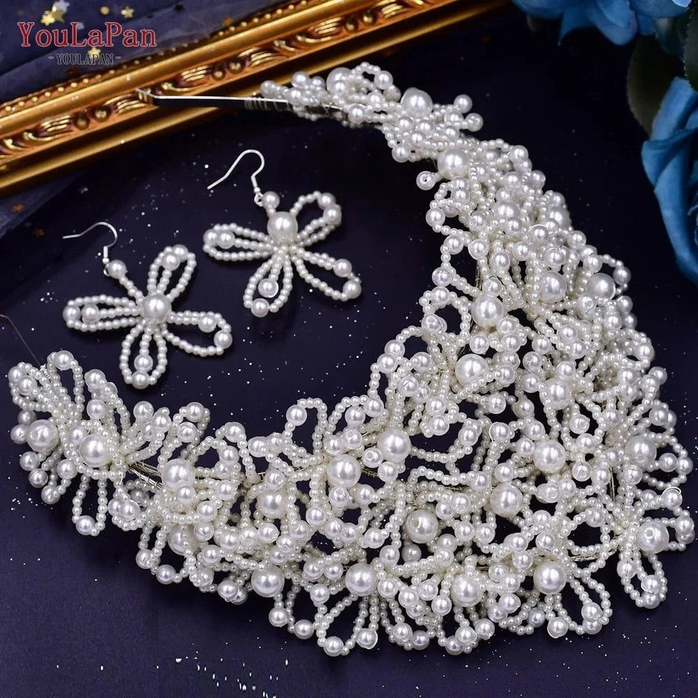 YouLaPan HP487 Elegant Queen's Crown Hand Beaded Beauty Pageant Headpiece Pearl Earrings Bridal Tiara Wedding Crown