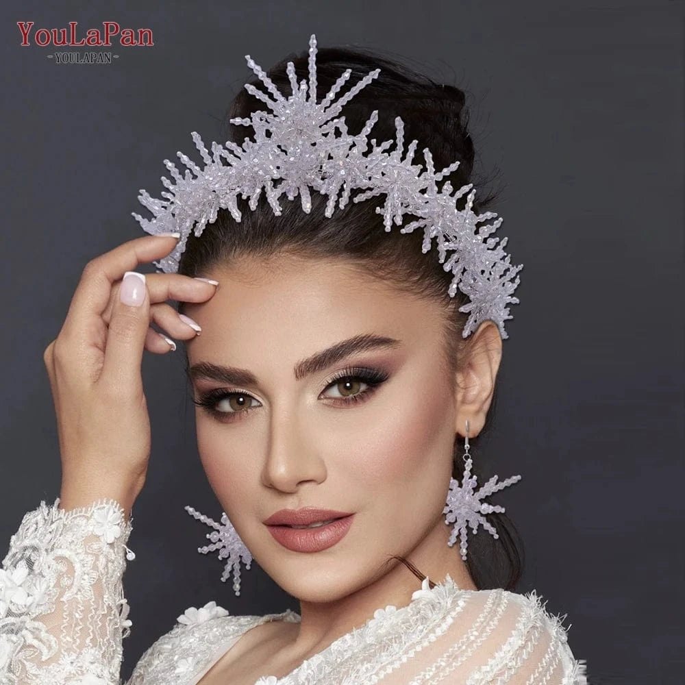 YouLaPan HP488 Popular Hair Accessories Clear Crystal Tiara Earrings Ladies Boho Crystal Crown Bridal Headband Wedding Crown