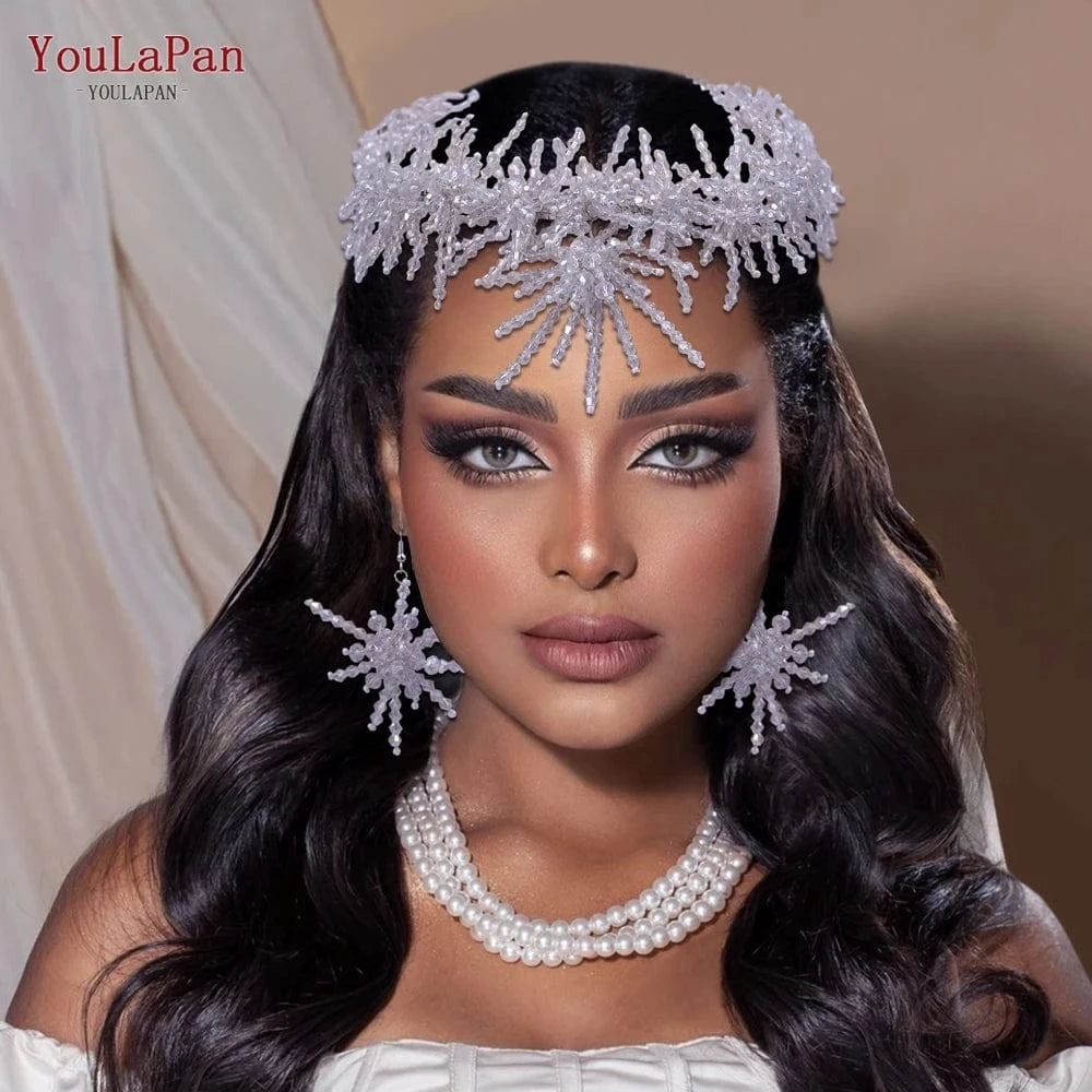 YouLaPan HP488 Popular Hair Accessories Clear Crystal Tiara Earrings Ladies Boho Crystal Crown Bridal Headband Wedding Crown