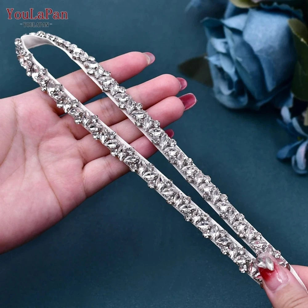 YouLaPan S404 Modern Design Hot Sale Women Dress Belt Silver Rhinestone Thin Belt Bridal Wedding Dress Waist Jewelry