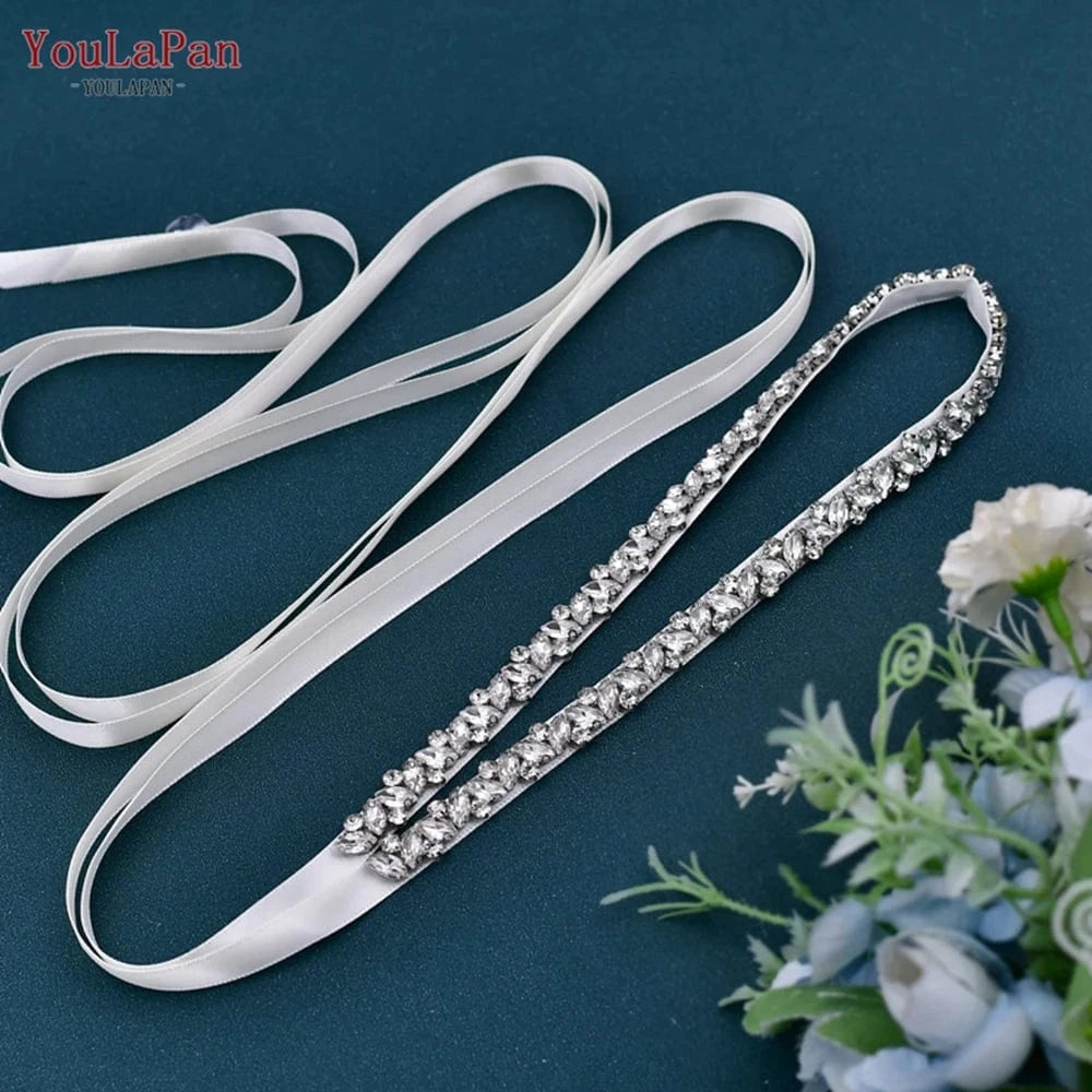 YouLaPan S404 Modern Design Hot Sale Women Dress Belt Silver Rhinestone Thin Belt Bridal Wedding Dress Waist Jewelry