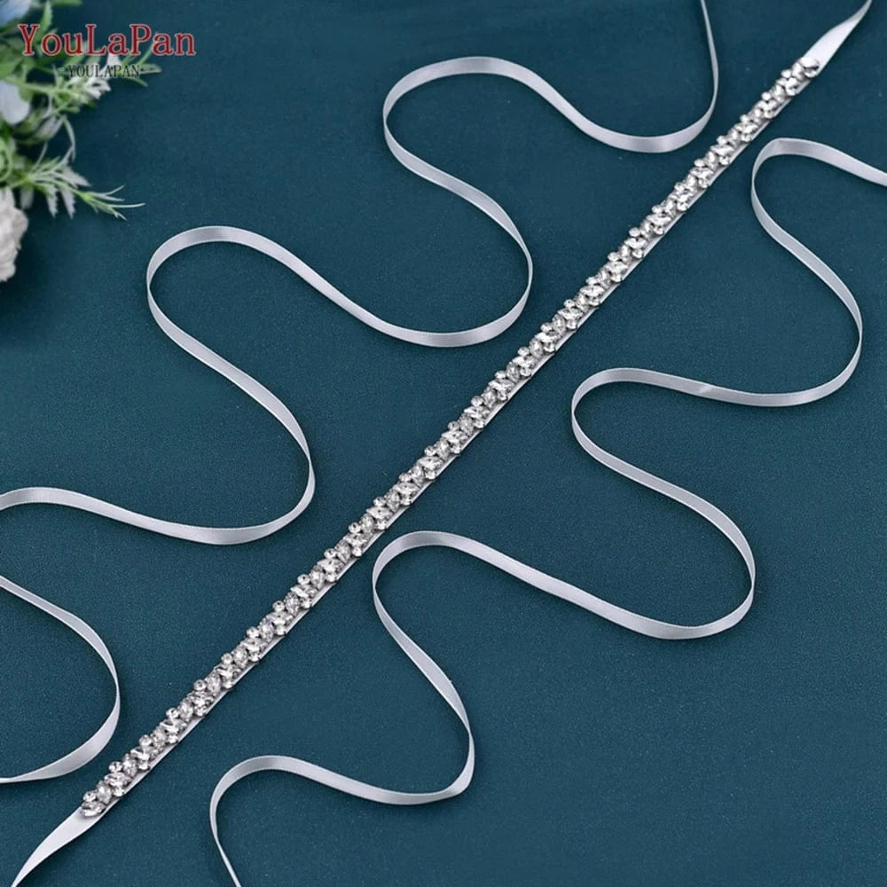 YouLaPan S404 Modern Design Hot Sale Women Dress Belt Silver Rhinestone Thin Belt Bridal Wedding Dress Waist Jewelry