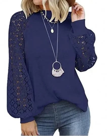 YP 2024 New Autumn lantern sleeve pullover for ladies white Hollow out Long sleeve t-shirt women