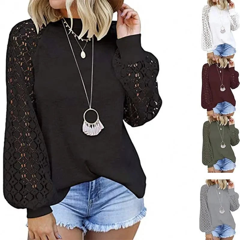YP 2024 New Autumn lantern sleeve pullover for ladies white Hollow out Long sleeve t-shirt women