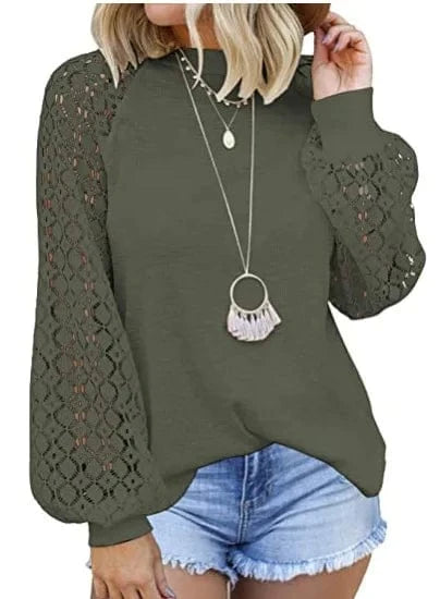 YP 2024 New Autumn lantern sleeve pullover for ladies white Hollow out Long sleeve t-shirt women