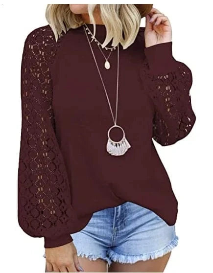 YP 2024 New Autumn lantern sleeve pullover for ladies white Hollow out Long sleeve t-shirt women