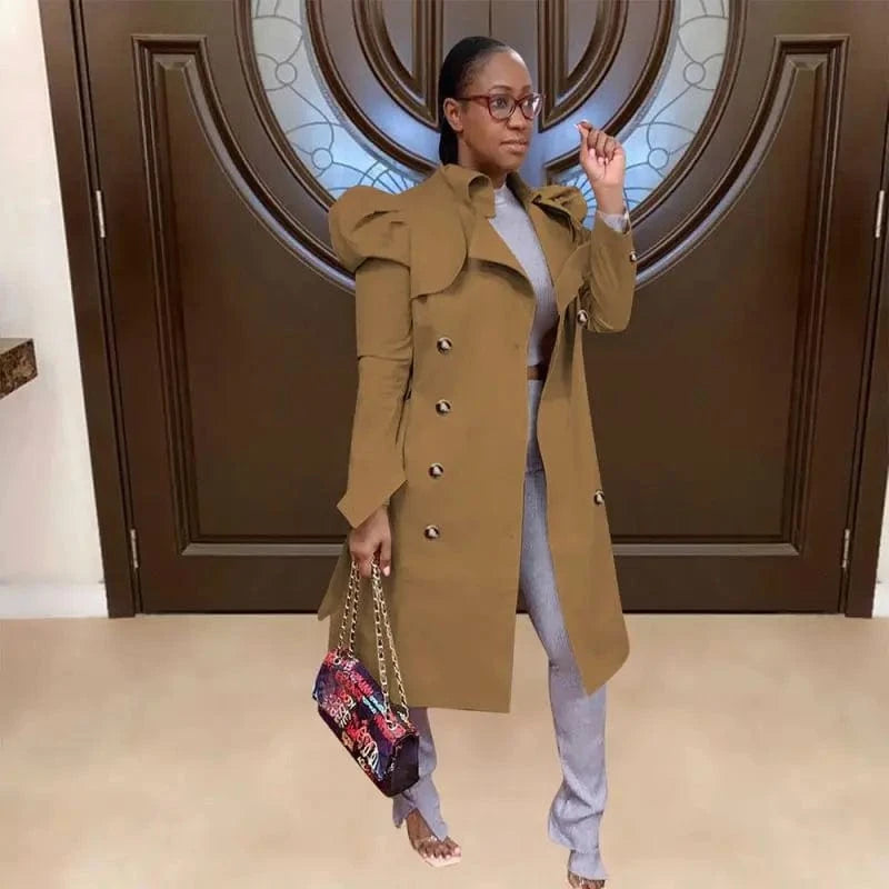 YP New Trending Long Sleeve Solid Petal Winter Jackets And Coats 2024 Fall Khaki Button Top Ladies Long Trench Coat Women