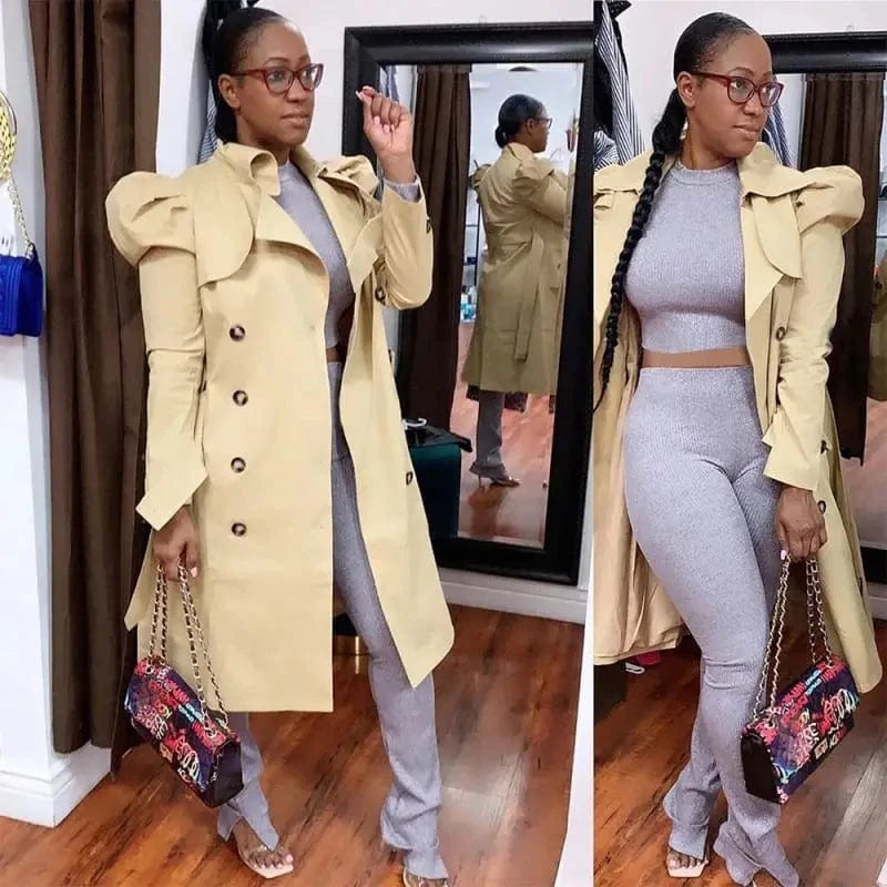 YP New Trending Long Sleeve Solid Petal Winter Jackets And Coats 2024 Fall Khaki Button Top Ladies Long Trench Coat Women