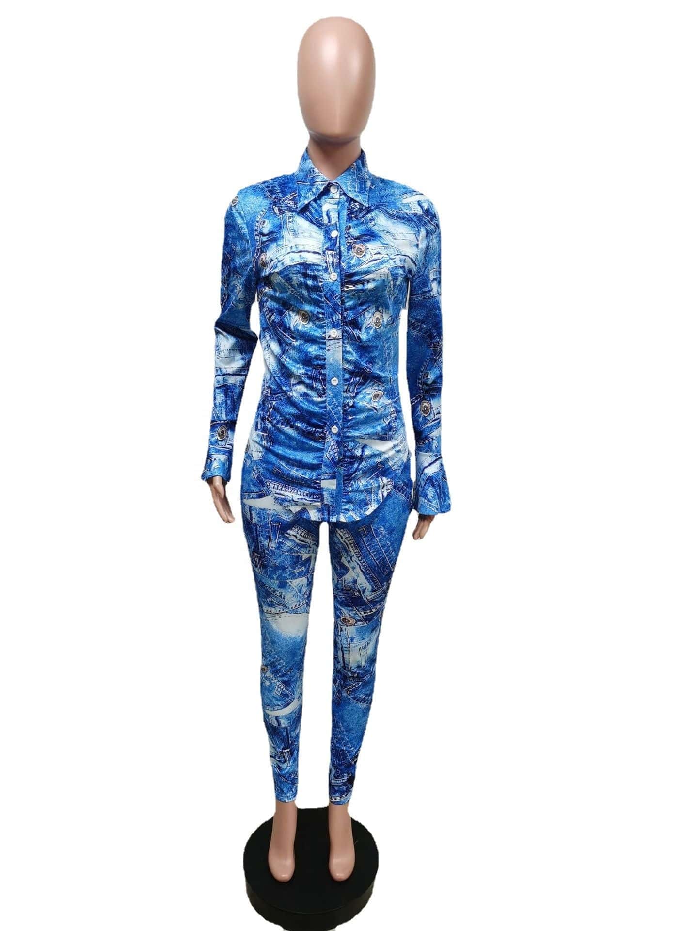 YS-F88378  In stock new fall flare sleeve blouse and pants printed stylish skinny plus size 2 piece set women clothing