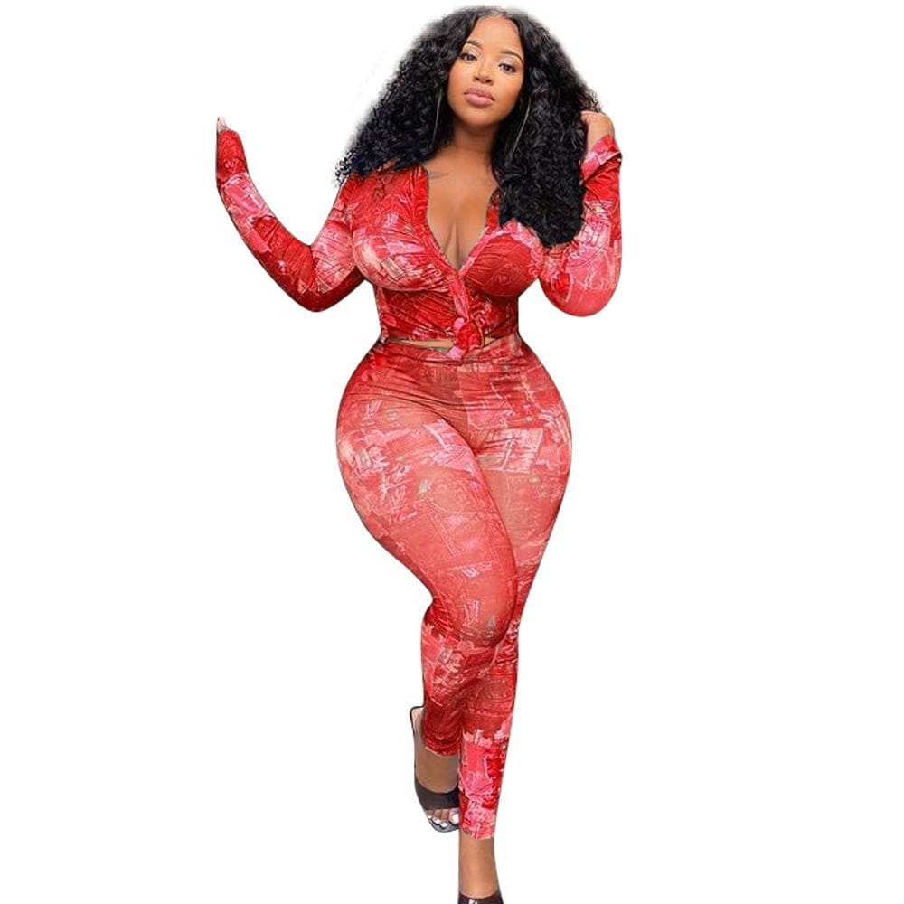 YS-F88378  In stock new fall flare sleeve blouse and pants printed stylish skinny plus size 2 piece set women clothing