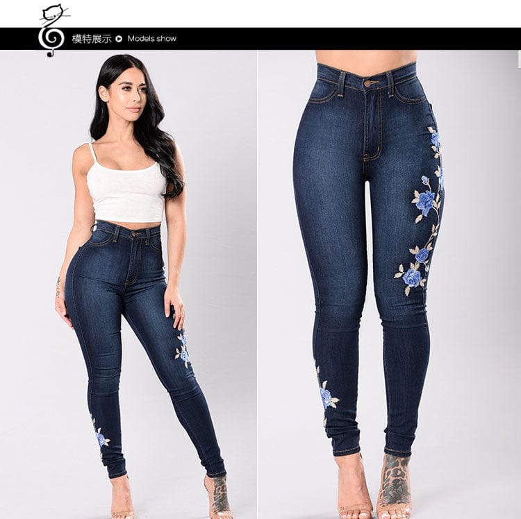 YSMARKET  Flower Embroidered Jeans For Women Elastic Jean Female Pencil Denim Pant Sexy Skinny Pantalon Femme E8040