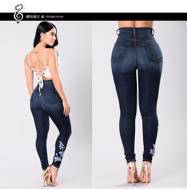 YSMARKET  Flower Embroidered Jeans For Women Elastic Jean Female Pencil Denim Pant Sexy Skinny Pantalon Femme E8040