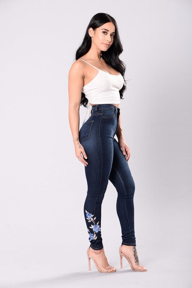 YSMARKET  Flower Embroidered Jeans For Women Elastic Jean Female Pencil Denim Pant Sexy Skinny Pantalon Femme E8040