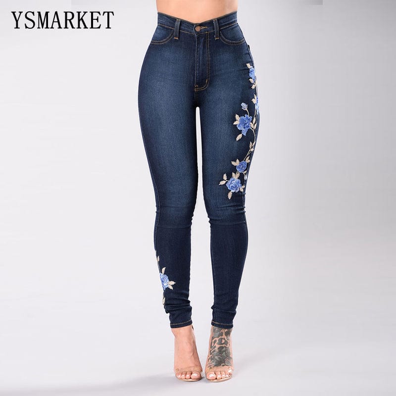 YSMARKET  Flower Embroidered Jeans For Women Elastic Jean Female Pencil Denim Pant Sexy Skinny Pantalon Femme E8040
