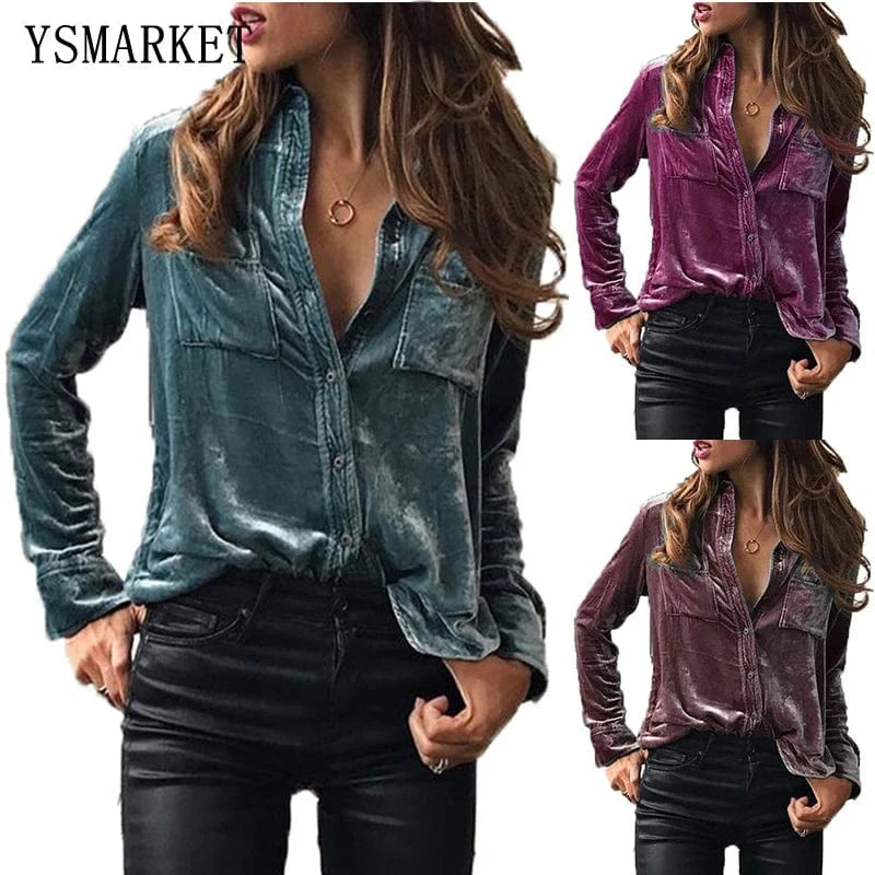 YSMARKET New European American Women's Velvet Long Sleeves Shirt Spring Autumn Lapel Blouse Fashion Tops 6 Color E028