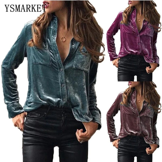 YSMARKET New European American Women's Velvet Long Sleeves Shirt Spring Autumn Lapel Blouse Fashion Tops 6 Color E028