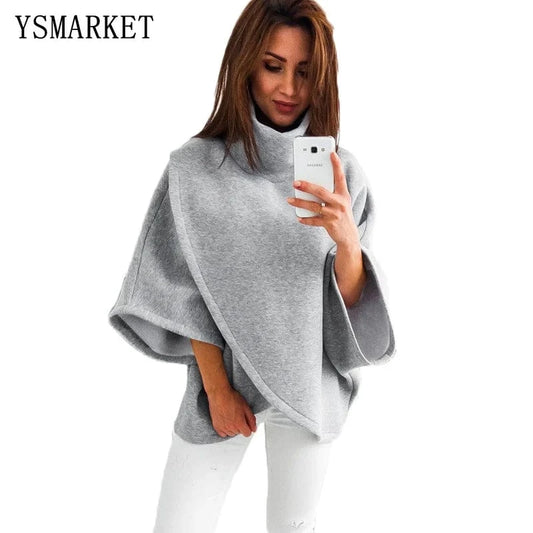 YSMARKET Winter Asymmetrical Warm Turtleneck Hoodies Sweatshirt Women Solid Casual Loose Flare Sleeve Female Tracksuit