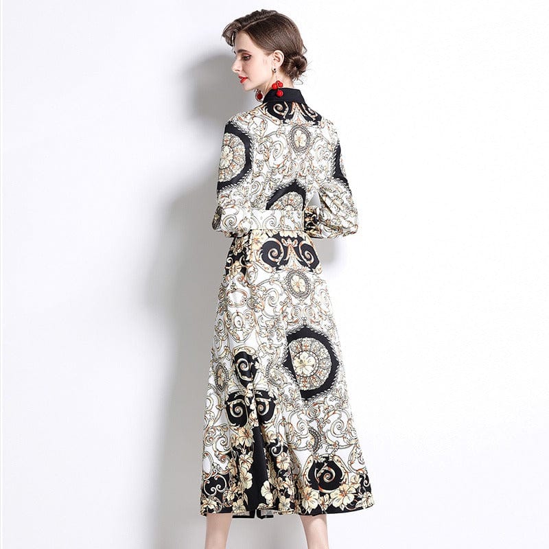 YSQ211075 Spring new fashion print lapel waist long-sleeved dress