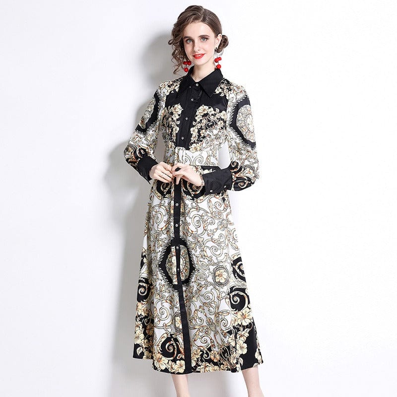 YSQ211075 Spring new fashion print lapel waist long-sleeved dress