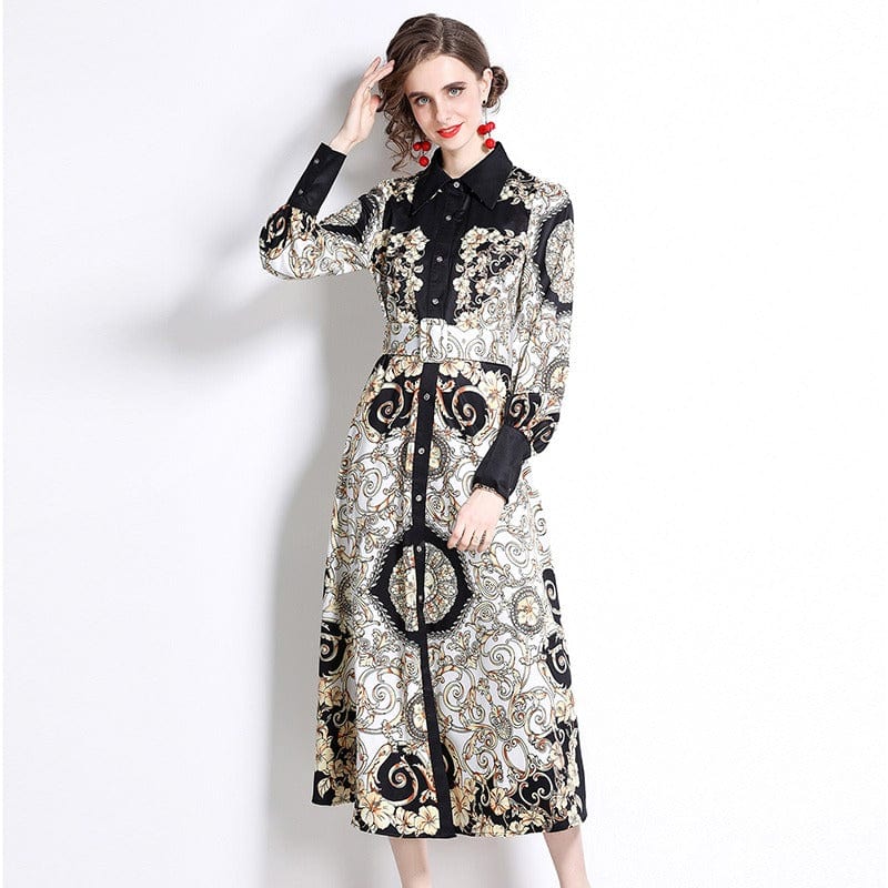 YSQ211075 Spring new fashion print lapel waist long-sleeved dress