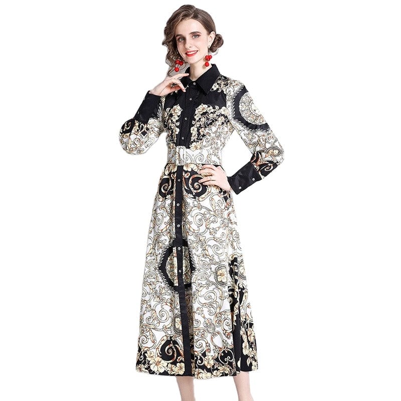 YSQ211075 Spring new fashion print lapel waist long-sleeved dress