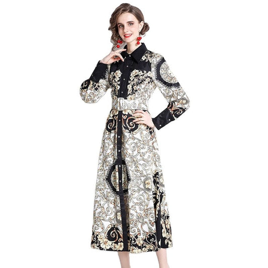 YSQ211075 Spring new fashion print lapel waist long-sleeved dress