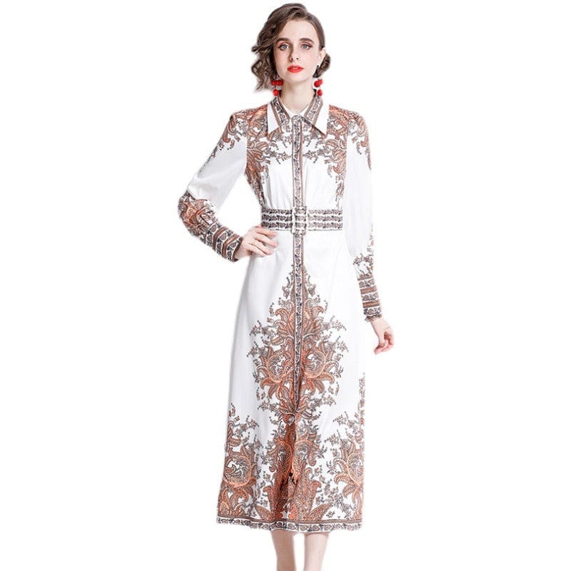 YSQ215075 Spring new fashion print lapel waist long-sleeved dress