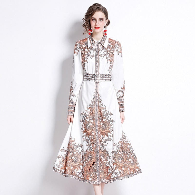 YSQ215075 Spring new fashion print lapel waist long-sleeved dress