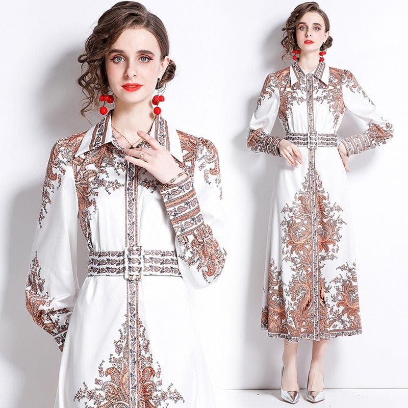 YSQ215075 Spring new fashion print lapel waist long-sleeved dress