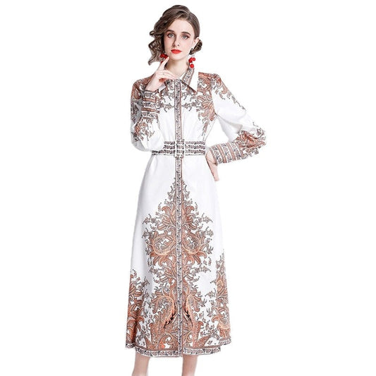 YSQ215075 Spring new fashion print lapel waist long-sleeved dress