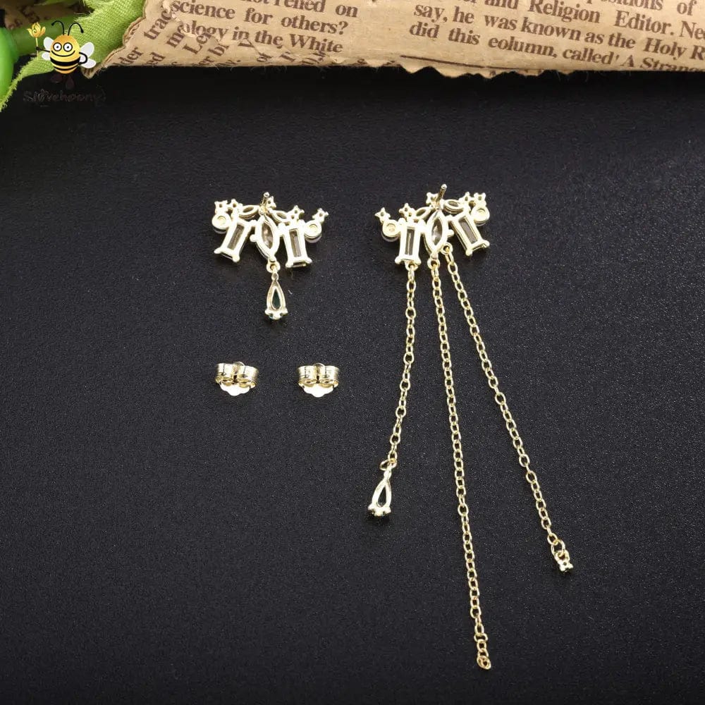 YYE349 (2) Fashion 100% 925 Sterling Silver White Baguette Stone Chain Tassel Drop Earrings With Blue Water Drop Asymmetric Earring