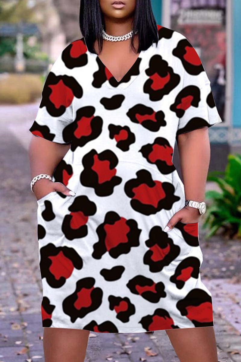 Z103092 Plus size summer dress with Pocket short Sleeves Print V Neck Straight loose Dresses