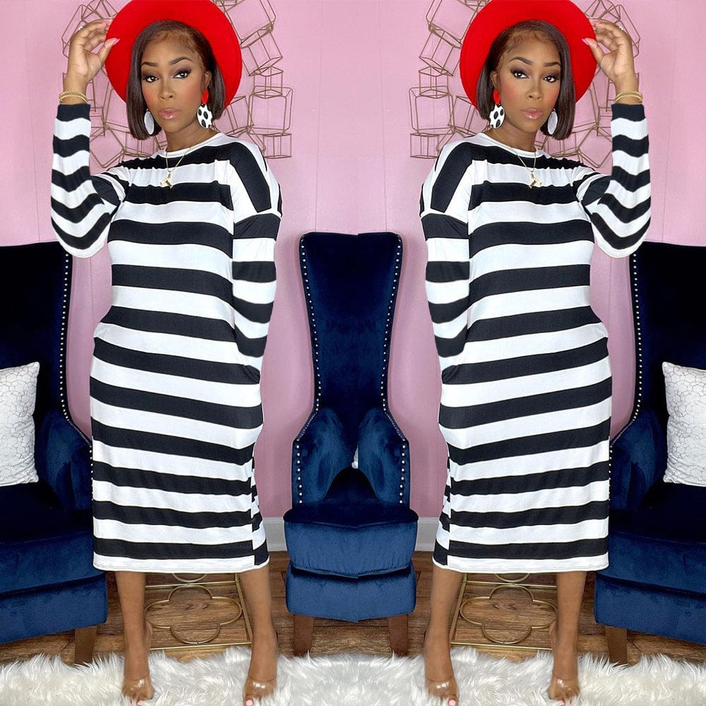 Z53329  Autumn Long sleeve Ladies Dress women Plus Size Casual Striped Dresses