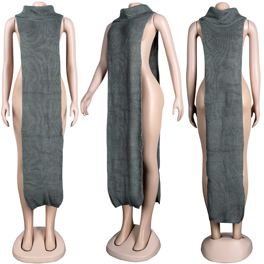 Z59651 Wholesale Solid Color High Collar Both Sides Split Women Night Club sweater dress