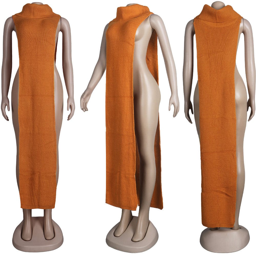 Z59651 Wholesale Solid Color High Collar Both Sides Split Women Night Club sweater dress