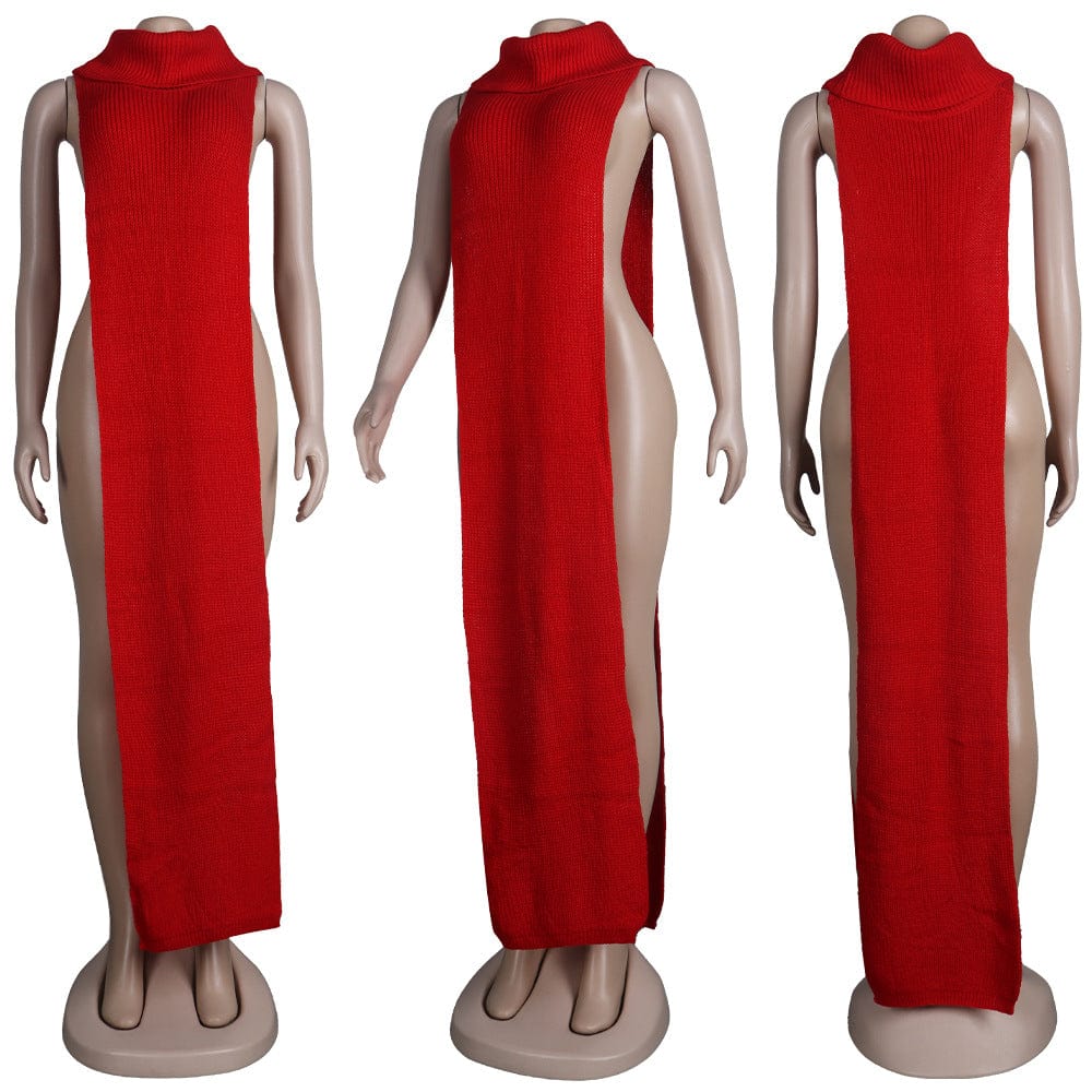 Z59651 Wholesale Solid Color High Collar Both Sides Split Women Night Club sweater dress