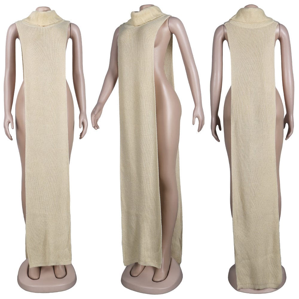 Z59651 Wholesale Solid Color High Collar Both Sides Split Women Night Club sweater dress