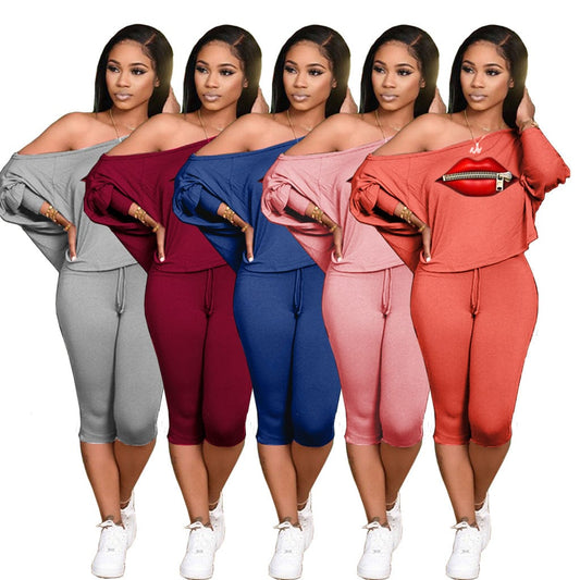 Z60033 Fall Casual Print Long sleeve two piece set Oblique Collar Plus size outfits for women sets two piece