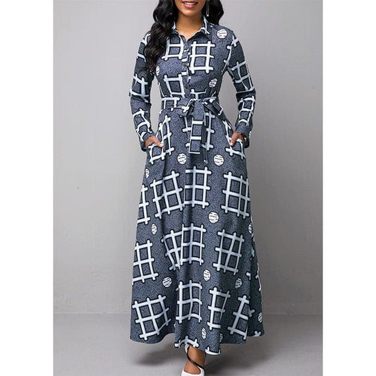 Z83908 Fashion Long Sleeve Print Dresses Casual women V Neck Elegant vintage maxi dress