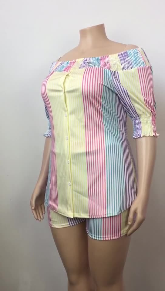 Z92180 Fashion Casual Striped Print Off Shoulder short set woman Plus Size two piece outfits