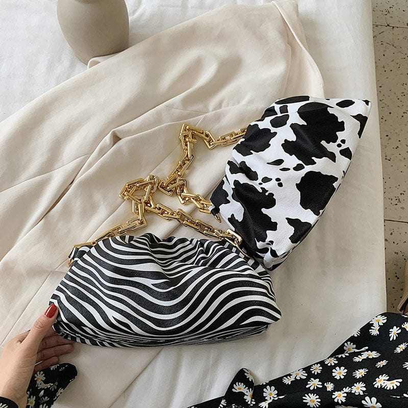Zebra Cow Animal Pattern Chain Shoulder PU Leather Pouch Handbag Women Underarm Ladies Cloud Bags