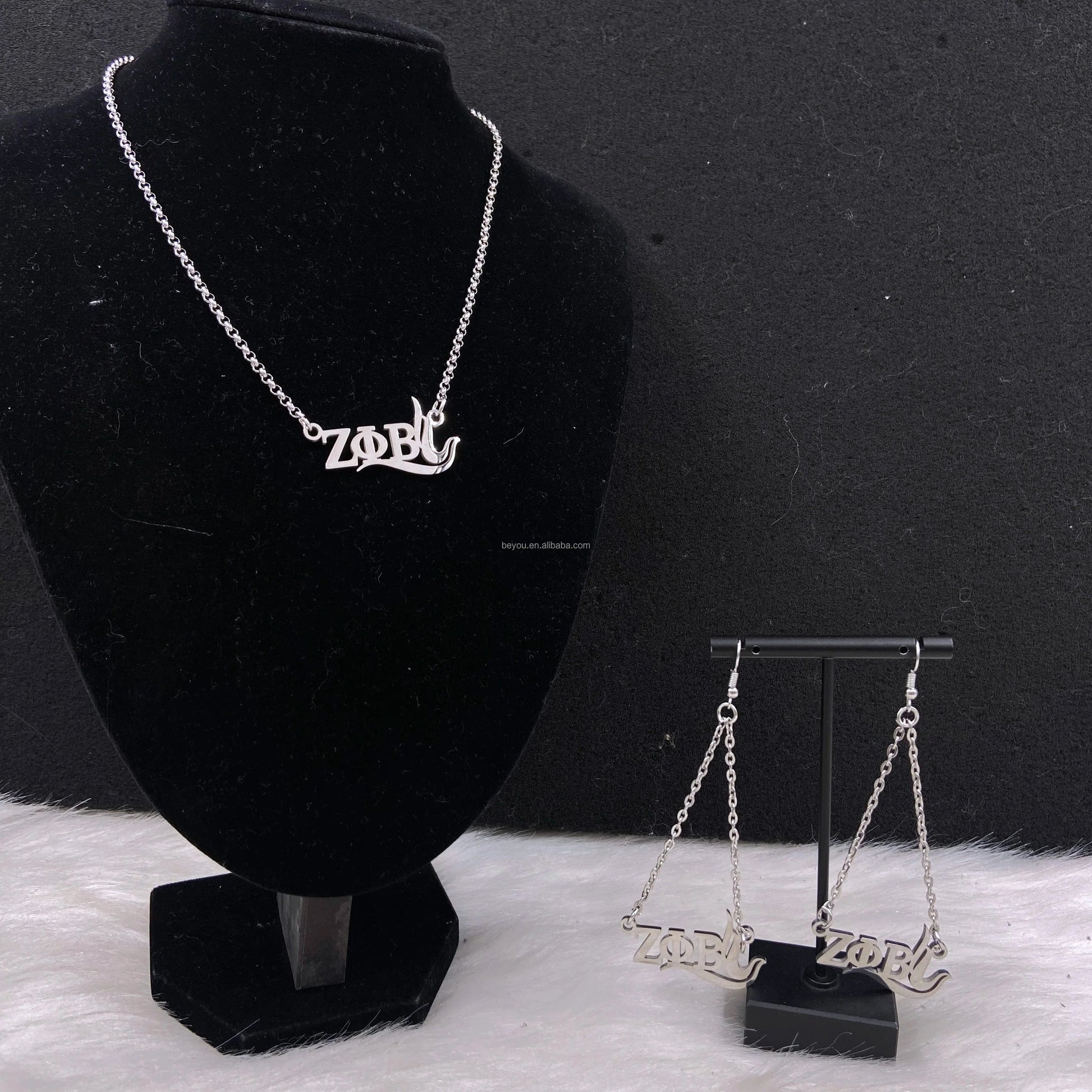 Zeta Phi Beta Custom Greek Letter ZPB Dove Stainless steel Earrings Necklace Jewelry Set