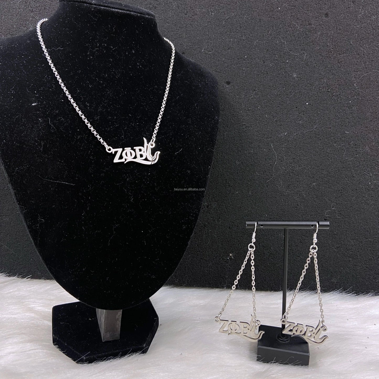 Zeta Phi Beta Custom Greek Letter ZPB Dove Stainless steel Thick Chain Round Pendant Earrings Necklace Jewelry Set