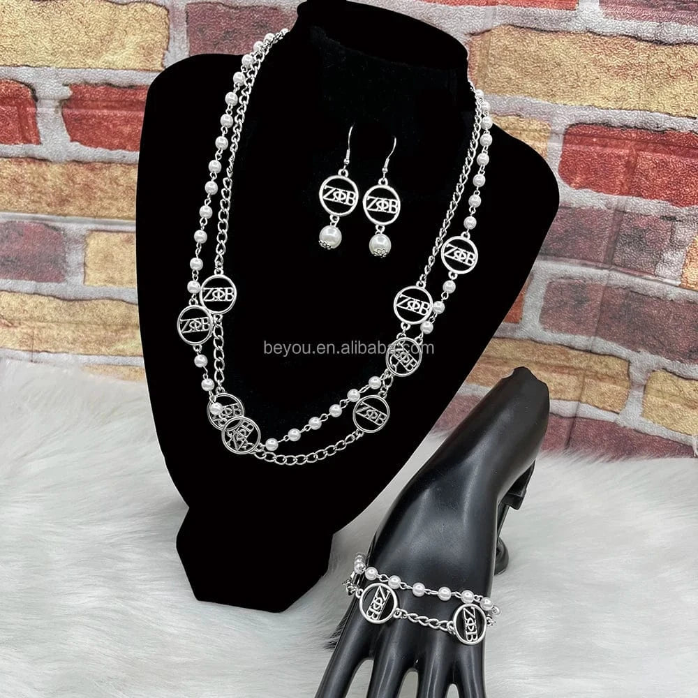 Zeta Phi Beta Custom Greek Letter ZPB Dove Stainless steel Thick Chain Round Pendant Earrings Necklace Jewelry Set