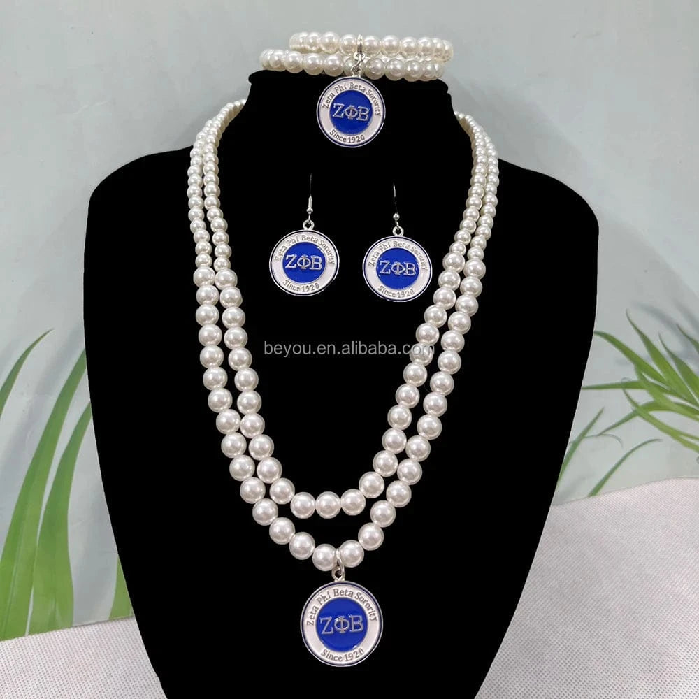 Zeta Phi Beta Custom Greek Letter ZPB Dove Stainless steel Thick Chain Round Pendant Earrings Necklace Jewelry Set