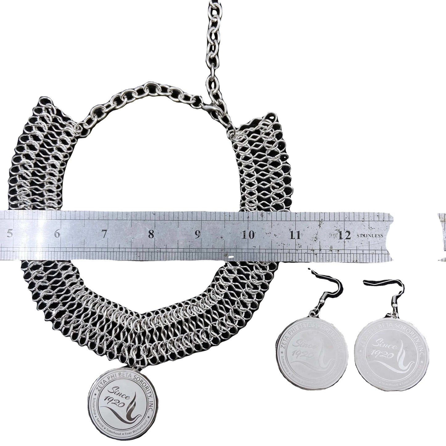 Zeta Phi Beta Custom Greek Letter ZPB Dove Stainless steel Thick Chain Round Pendant Earrings Necklace Jewelry Set