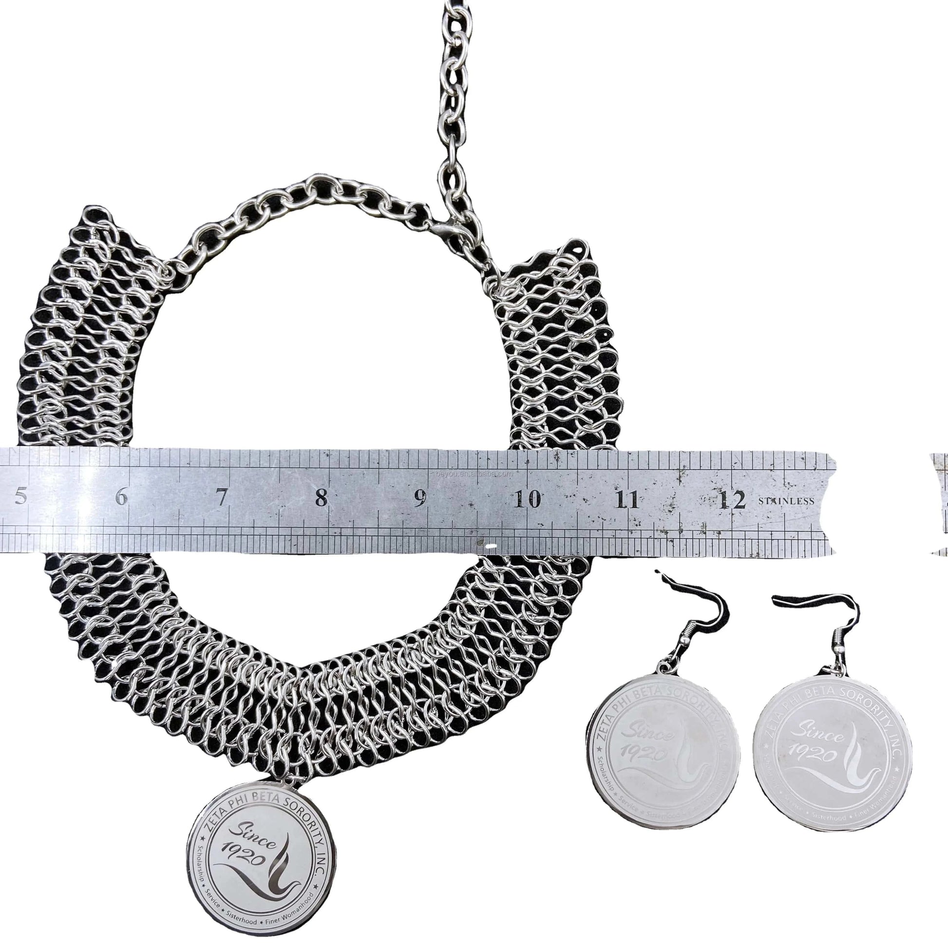 Zeta Phi Beta Custom Greek Letter ZPB Dove Stainless steel Thick Chain Round Pendant Earrings Necklace Jewelry Set