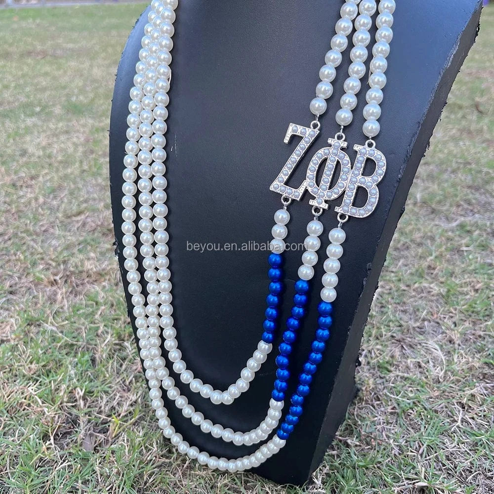Zeta Phi Beta Custom Handmade Irregular Blue Square Beaded Bracelets White Pearl Chain Heart Pendant ZPB Bracelet SetJewelry