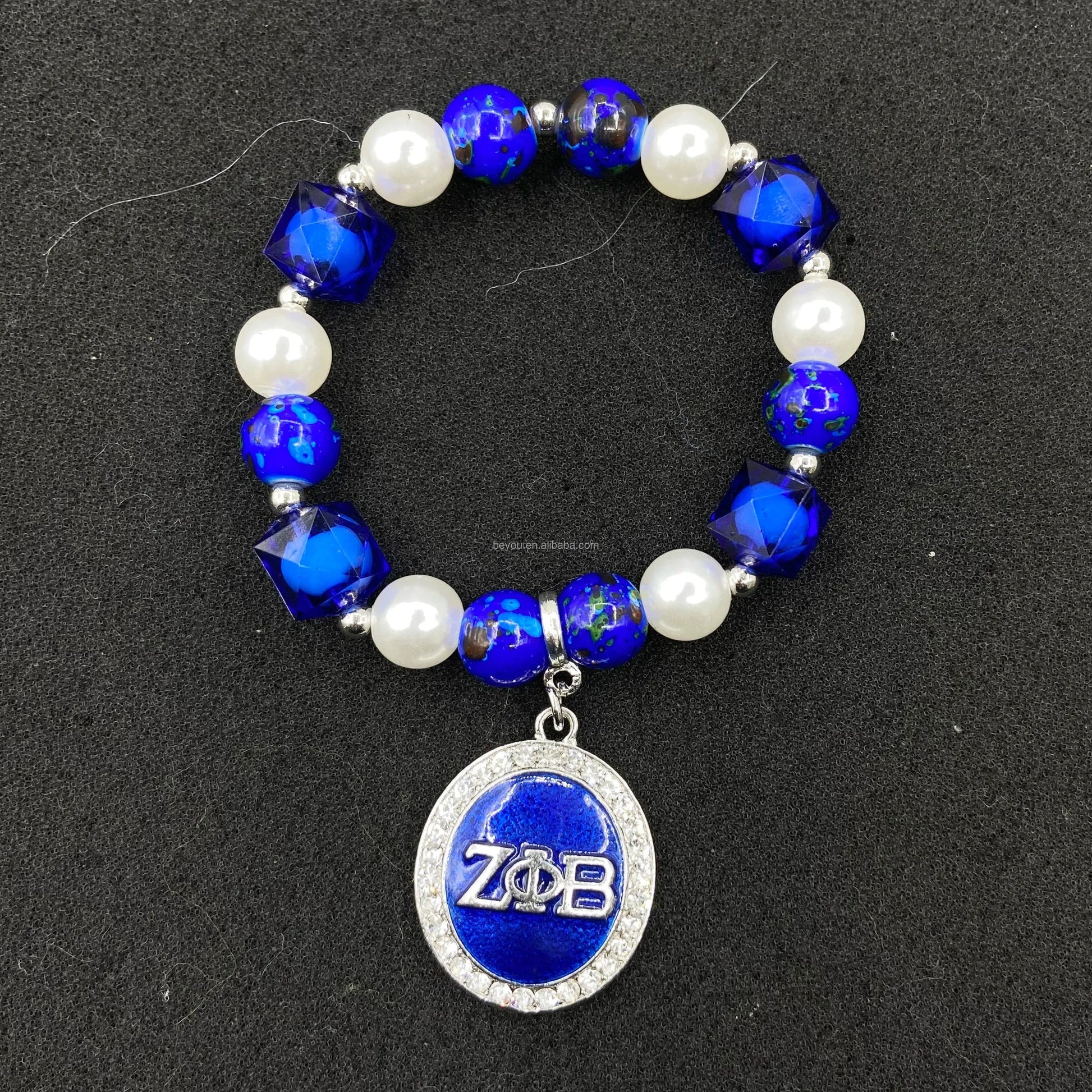 Zeta Phi Beta Custom Handmade Irregular Blue Square Beaded Bracelets White Pearl Chain Heart Pendant ZPB Bracelet SetJewelry