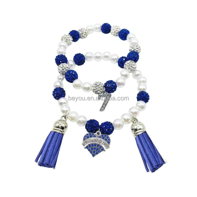 Zeta Phi Beta Custom Handmade Irregular Blue Square Beaded Bracelets White Pearl Chain Heart Pendant ZPB Bracelet SetJewelry